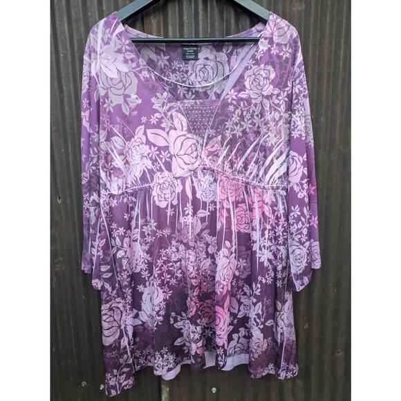 Faded Glory Floral Babydoll Top 1X Purple Whimsigoth Fairy Ethereal Hippie Y2K - Picture 1 of 10